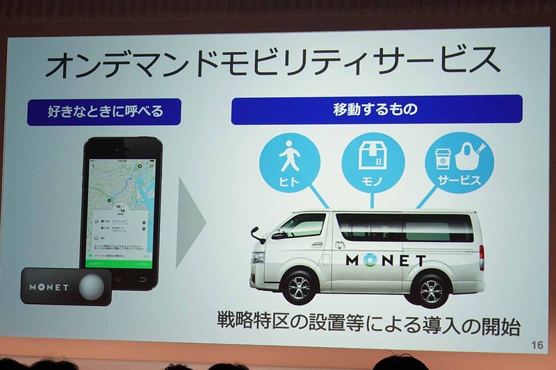 e-Paletteを使ったプラットフォーム構築の前段階として、中型車などを使ったオンデマンド交通サービスを構築。特区などを利用し、全国100カ所での展開を目指す