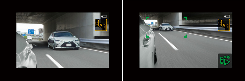 ウインカー操作に連動して表示範囲をワイド化。ドアミラーでは死角になるエリアや低い位置まで表示する