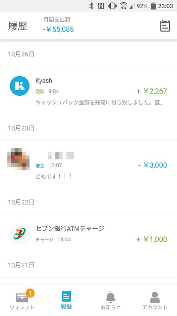 Kyashのキャッシュバック例。上限12万円近くまで使ったことで約2,000円をキャッシュバック
