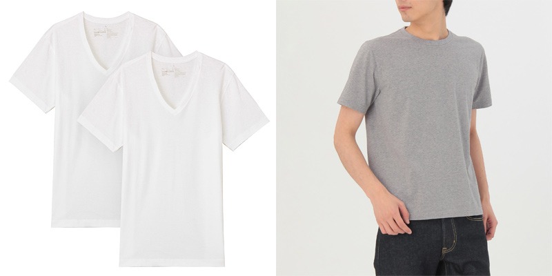 脇に縫い目がない 天竺編みＶネック半袖Ｔシャツ・2枚組／インド綿 天竺編みクルーネック半袖Ｔシャツ