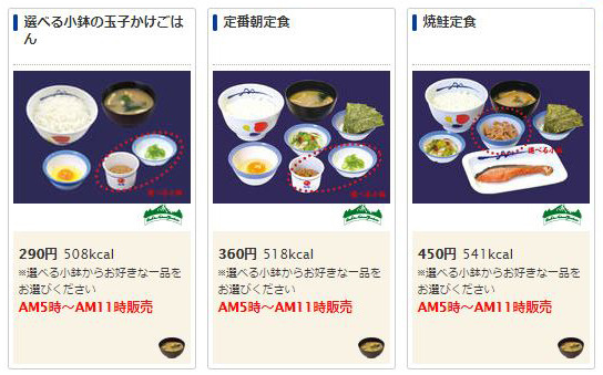 松屋の朝定食のメニューの一部