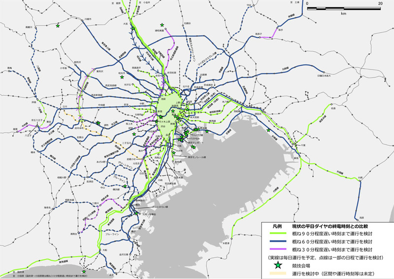 深夜時間帯の列車運行の予定路線マップ。JR山手線の内側を運行する東京メトロ・都営地下鉄各線は詳細の記載を省略。2019年1月時点のダイヤと比較