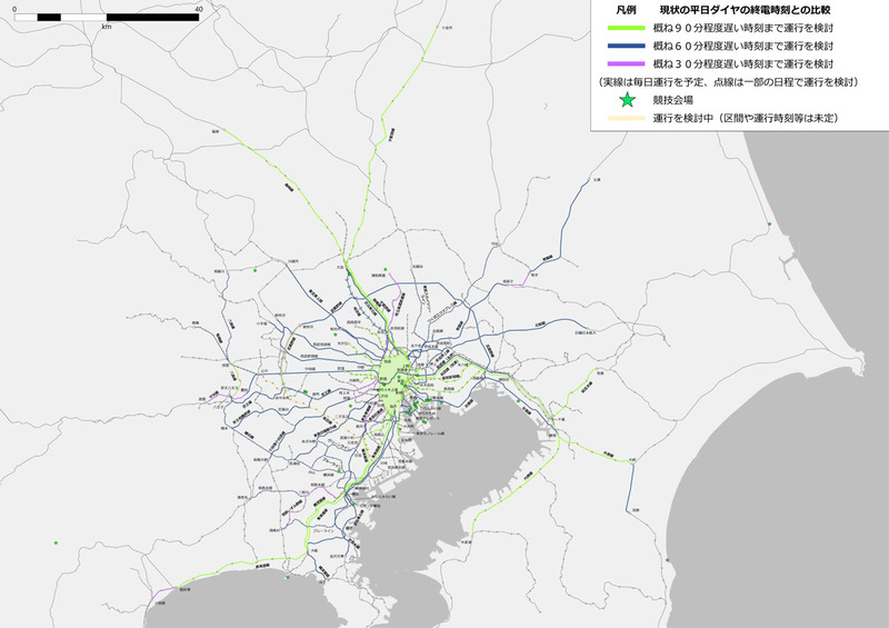 (広域版)深夜時間帯の列車運行の予定路線マップ。JR山手線の内側を運行する東京メトロ・都営地下鉄各線は詳細の記載を省略。2019年1月時点のダイヤと比較