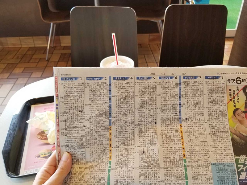 とある日のマクドナルドにて。新聞を読みながら朝食をとったのだが、トレーやカップが並んだ状態だと、4人掛けのテーブルでも新聞を開くには狭く感じる
