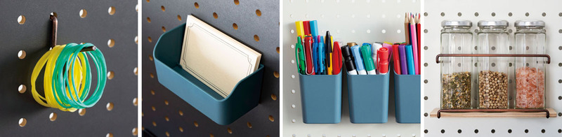 使用イメージ。左から、L字フック、ミニコンテナ、ペンスタンド、ミニシェルフ