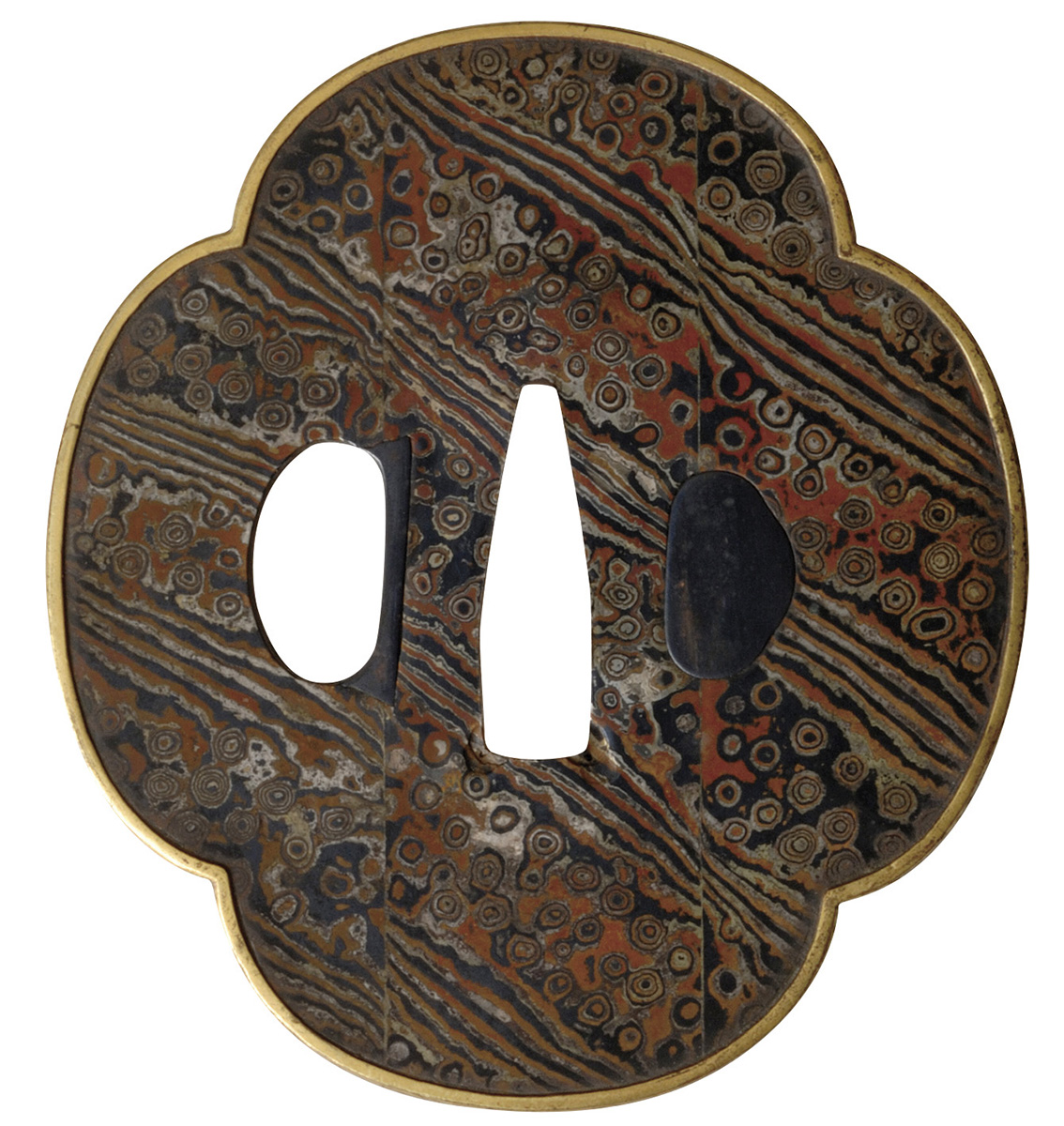 木目金鐔 無銘(杢目金屋所蔵)。江戸時代中後期 赤銅、銅、金、銀