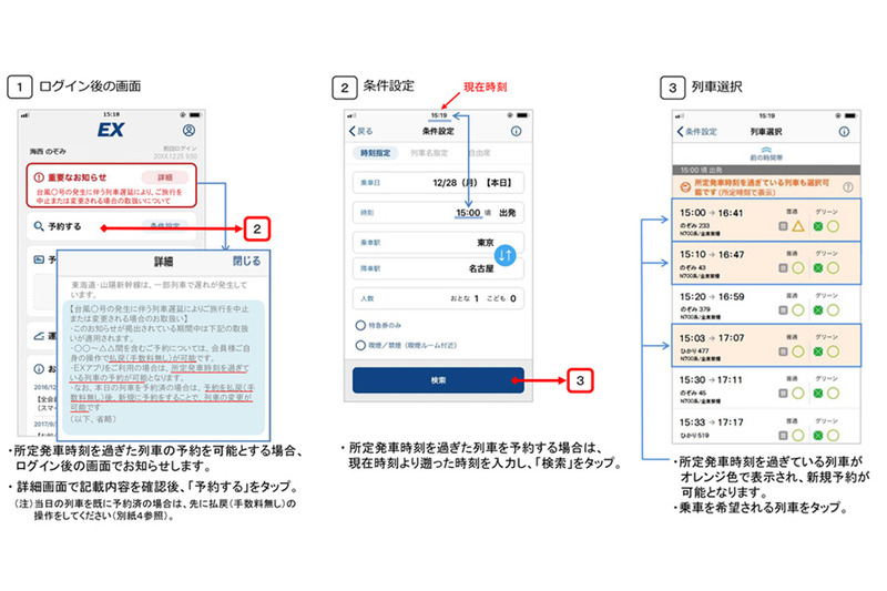 所定発車時刻後の列車の予約画面イメージ