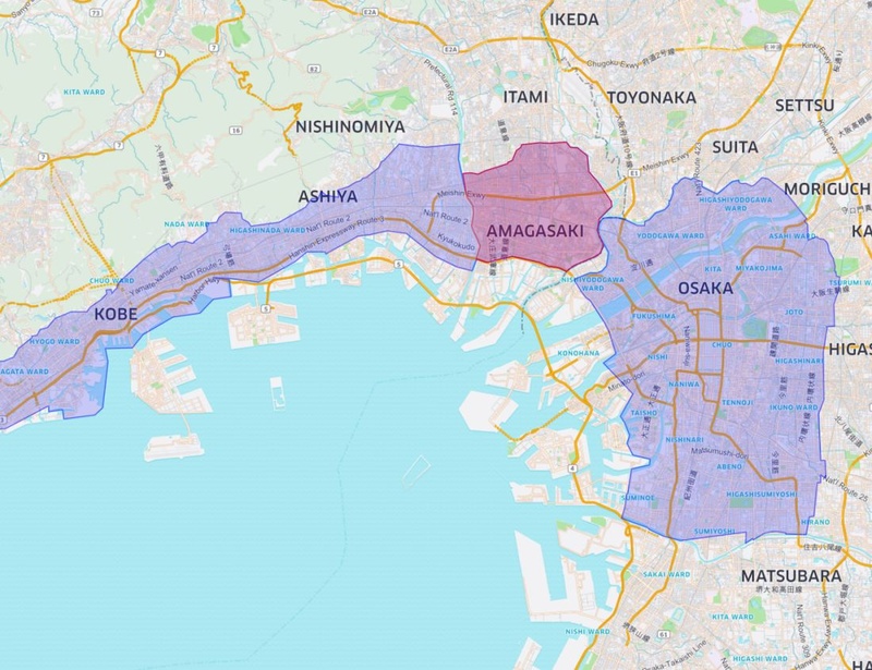 関西でのサービス開始エリア(赤紫色部分)