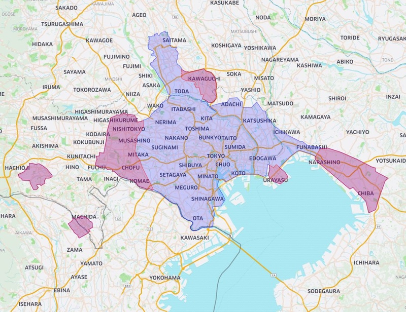 関東でのサービス開始エリア(赤紫色部分)