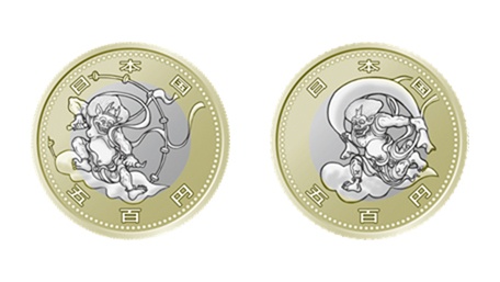 オリンピック記念貨幣「雷神」(左)、パラリンピック記念貨幣「風神」(右)