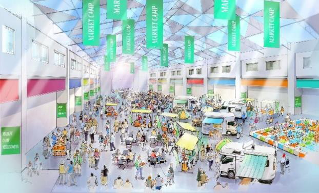 東急不動産提案における卸売市場大屋根下空間の活用イメージ