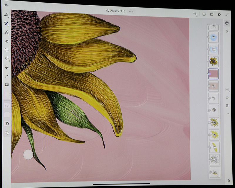 油彩ライブブラシ。筆の跡やキャンパス上での混色が表現されている