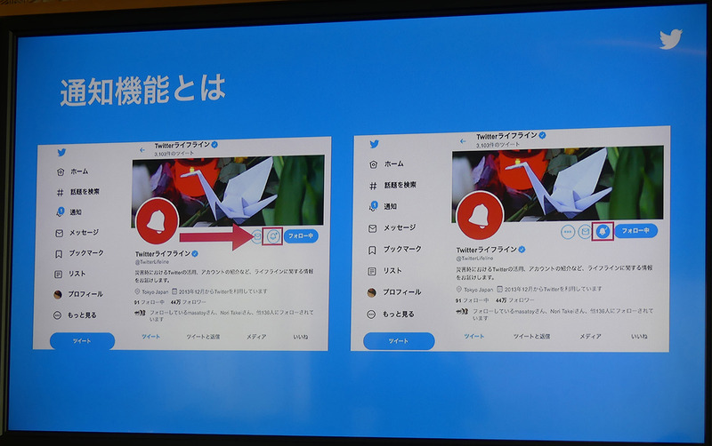 通知設定。オンにするとベルのマークが青くなる