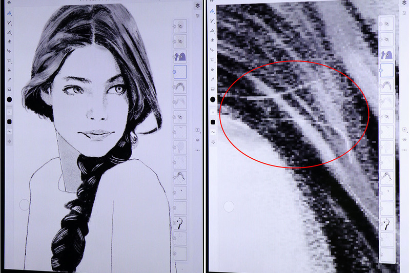 鉛筆ブラシをメインに、肌の部分にバケツツールで薄いグレーを配置。画像右の赤丸部分は実際の鉛筆では難しい表現