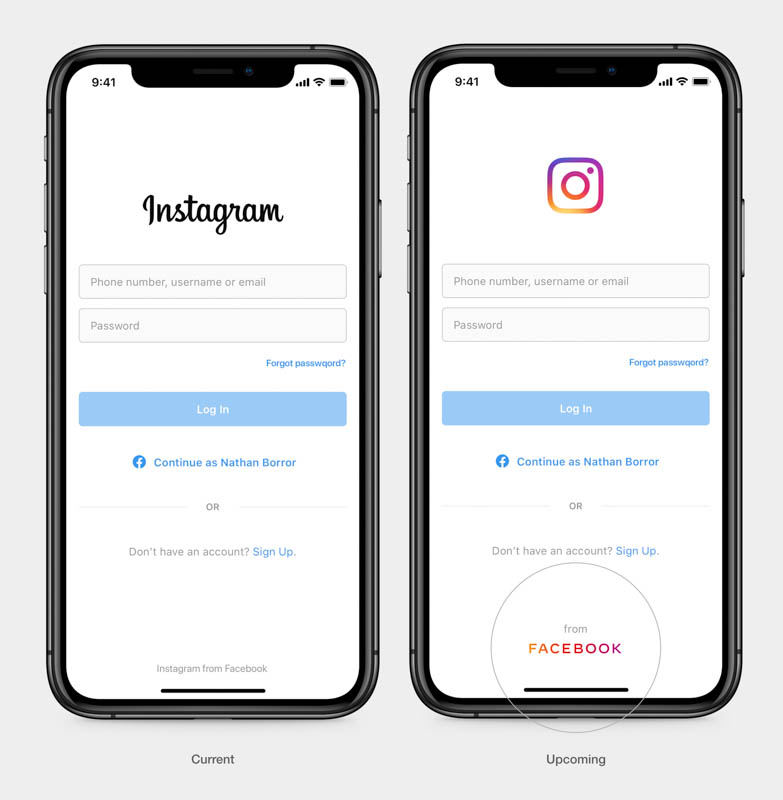 InstagramとWhatsAppでのロゴ使用例。右が新企業ロゴ