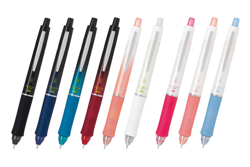 ドクターグリップ エース。左から0.5mmタイプ ブラック、グラデーションネイビー、グラデーションターコイズブルー、グラデーションレッド、グラデーションソフトピンク、ホワイト、0.3mmタイプ ピンク、ソフトピンク、ソフトブルー