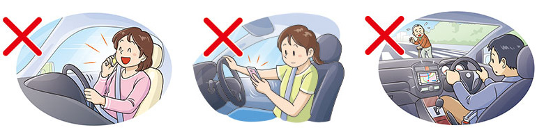 道路交通法違反対象の例。左から通話、携帯電話の画像注視、カーナビの画像注視。政府広報オンラインより