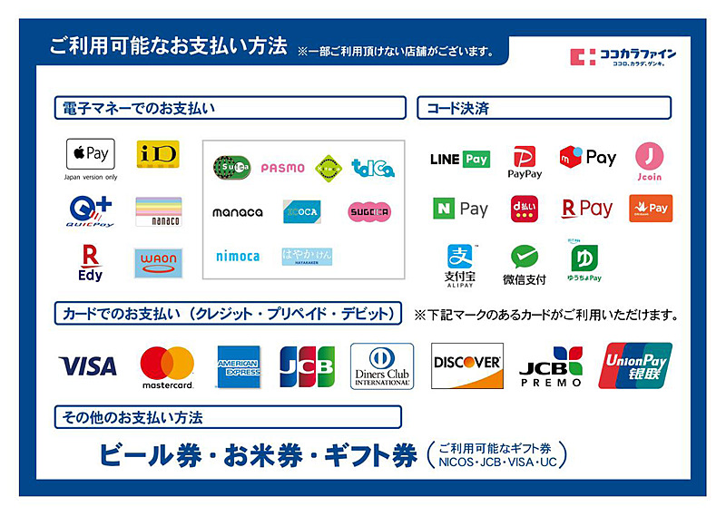 ココカラファイングループで使用可能なお支払方法