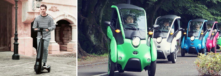 トヨタ自動車の歩行領域 EV(左)とTOYOTA i-ROAD(右)