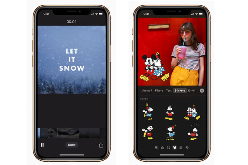 新たに追加された「Let it Snow」のポスター(左)とミッキーマウス、ミニーマウスのステッカー