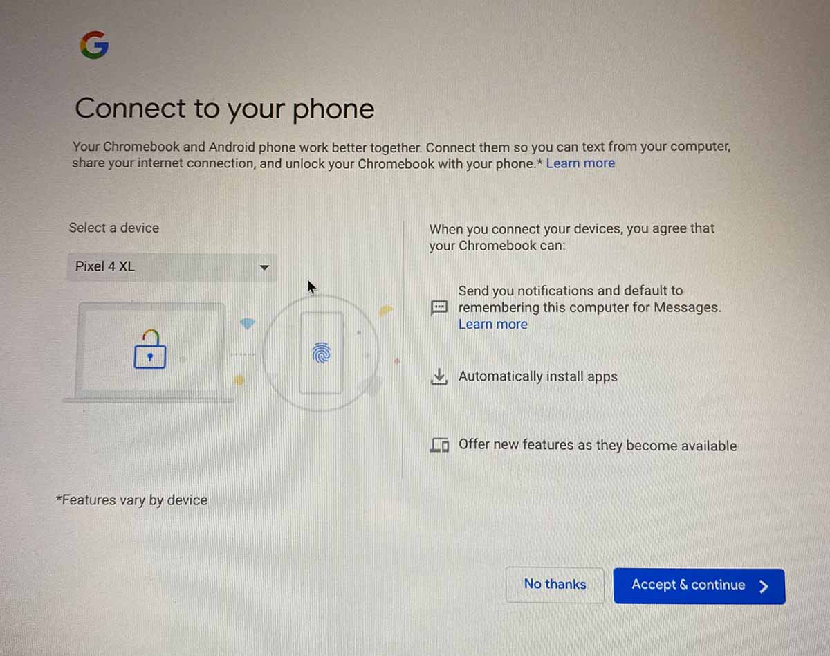 セットアップ中には、Androidスマホとの連携の指示も。出張に持っていっていたPixel 4 XLと連携させてみた