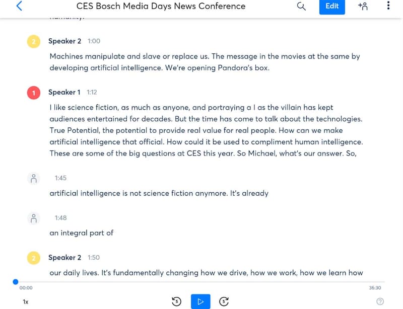 Otterでの「話者判別」の例。複数の登場人物がいるカンファレンスでも、ちゃんと話者の違いを聞きわける