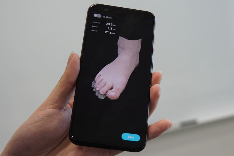 左上に表示されているのが測定結果。上から長さ、幅、足囲