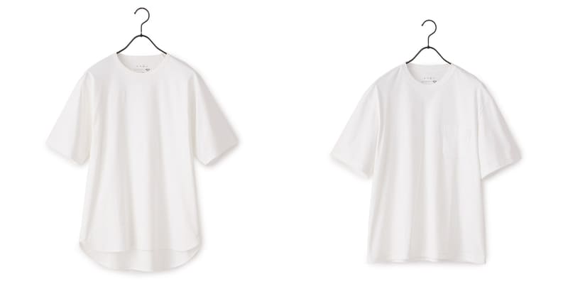 (左)セットインラグランスリーブTシャツ、(右)ポケットクルーネックTシャツ