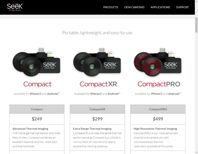 ラインナップ(<a href="https://www.thermal.com/compact-series.html">メーカーサイトより</a>)。中間の「CompactXR」は、より遠方の熱源を探知できる代わりに視野角が狭く、山中で野生動物を発見するような用途特化型のモデルのようだ