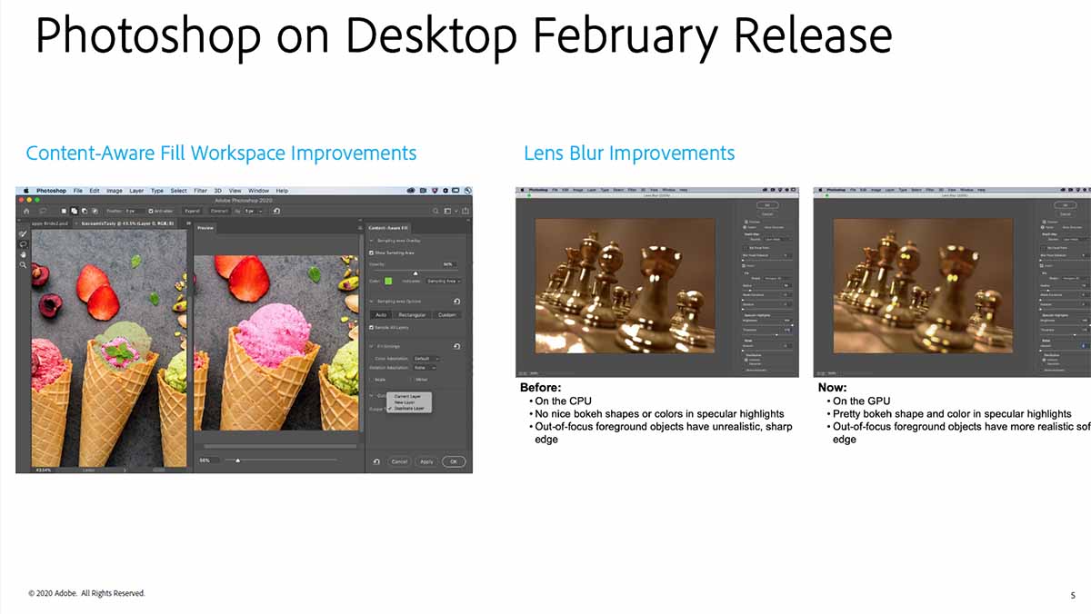デスクトップ版では「コンテンツに応じた塗りつぶし機能の改善」と「ぼかし(レンズ)の強化」が行なわれる