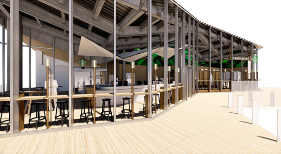 テラス沿いにパーソナルスペースを区切ったカウンター席