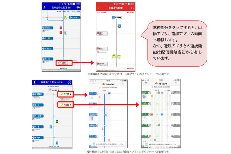 阪神アプリから南海・山陽アプリへの連携例