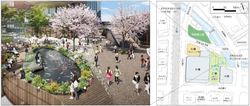 錦鯉の池 イメージパース(左)と位置図(右)