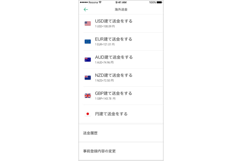 海外送金のホーム画面