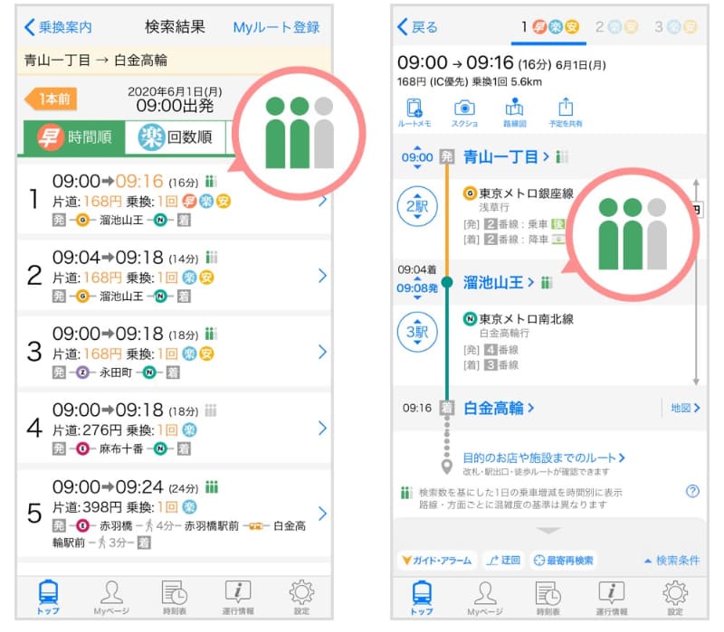 ルート検索結果画面(左)と検索結果詳細画面