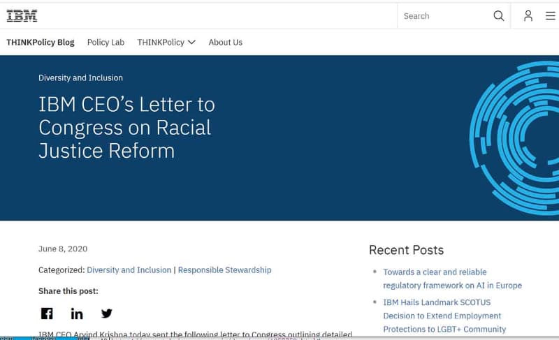 <a href="https://www.ibm.com/blogs/policy/facial-recognition-susset-racial-justice-reforms/">IBMの声明</a>