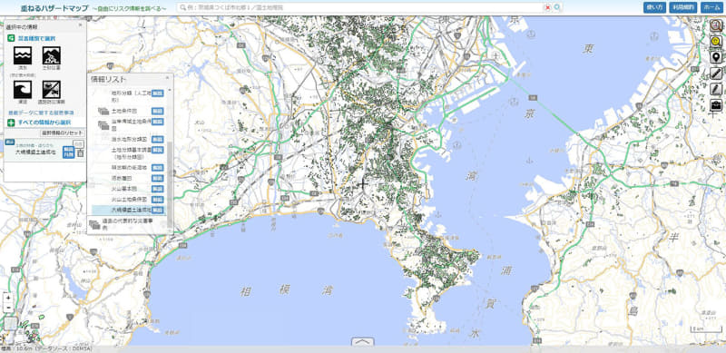 三浦半島付近で大規模盛土造成地を表示