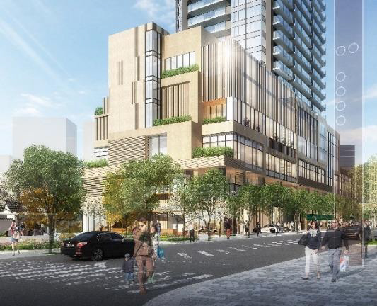 テレビ朝日通りから沿道、建物低層部をのぞむ