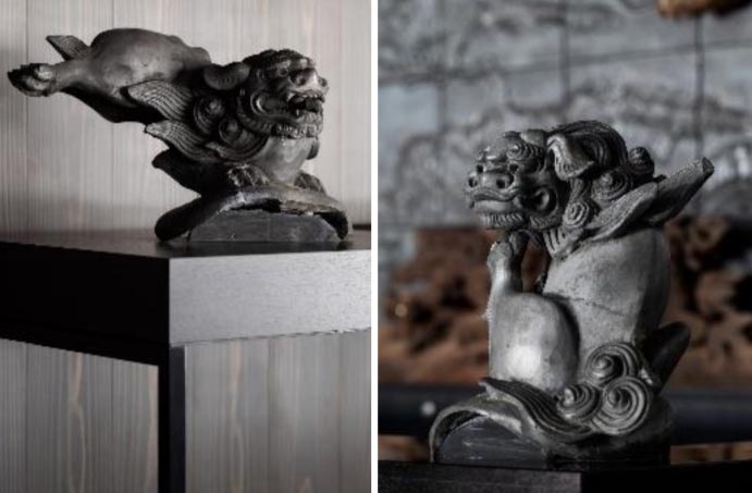 本堂の南北両端に使用されていた獅子付き留蓋瓦(1階レセプションおよび2階エレベーターホール)