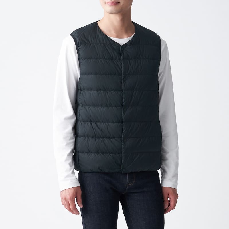 軽量ポケッタブルノーカラーダウンベスト(紳士)
