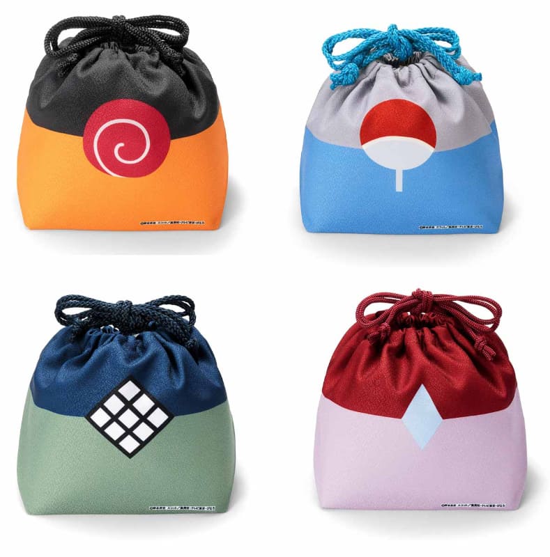 巾着袋。左上から時計回りに、ナルト、サスケ、サクラ、カカシ