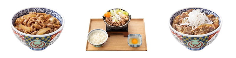 (左から)牛丼 並盛/570円、牛すき鍋膳 並盛/1,040円、牛カルビ丼 並盛/890円(すべて税込)