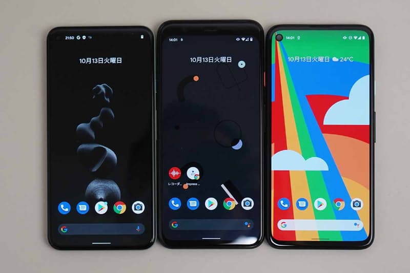 左からPixel 5、Pixel 4、Pixel 4a、ディスプレイ側