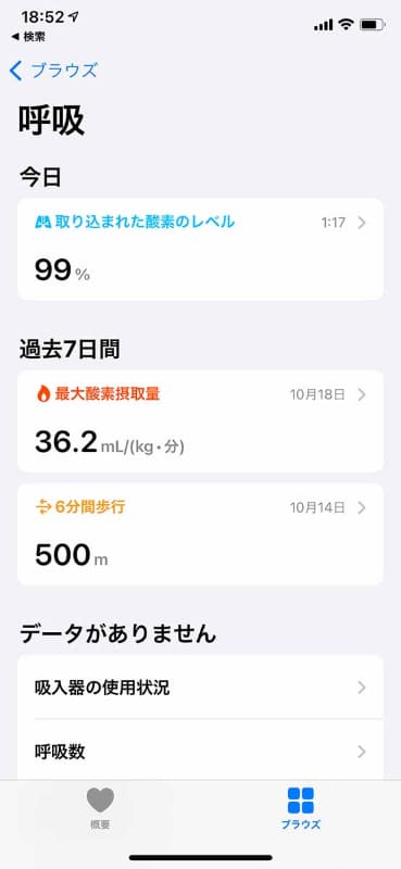 「ブラウズ」>「呼吸」>「血中酸素ウェルネス」