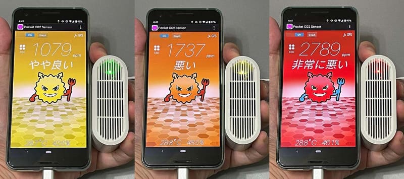 本体のLEDもアプリと連動して変化するのだが、1,000～1,500ppm(左)の色が黄色から緑に置き替えられており直感的に分かりづらい。1,500～2,500ppm(中央)も橙というより黄色に近い