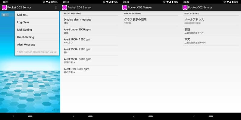 設定画面。メール送信先の設定のほか、グラフ表示の間隔が設定できる。ppmの範囲ごとのメッセージはカスタマイズできるが、範囲そのものを変えたり、また色を変更する機能がないのが惜しい