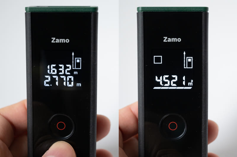 前回と今回の2つの測定値が固定されている状態(左)で、さらにボタンを素早く2回押すと、2つの値が掛け算されて、面積として表示される(右)