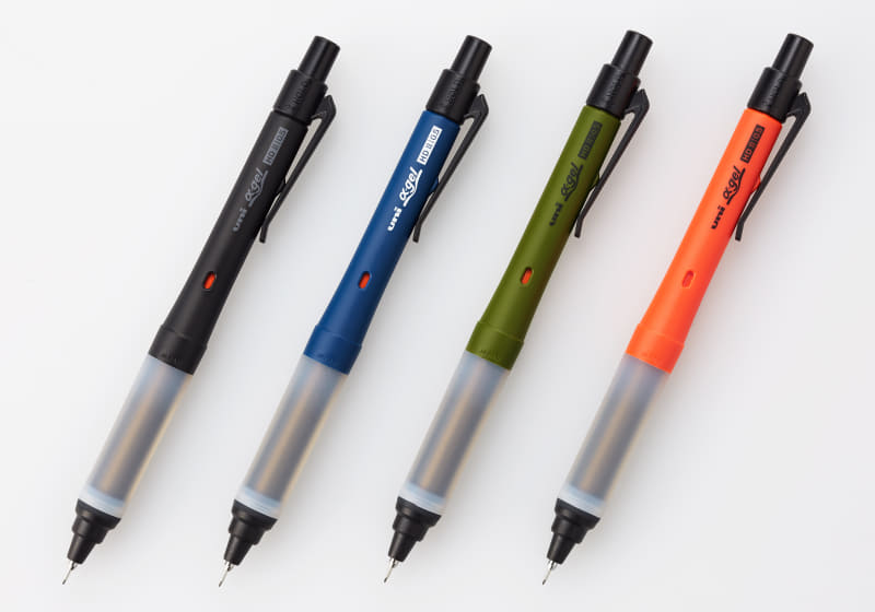 「ユニ アルファゲル スイッチ」左からブラック、ネイビー、オリーブ(限定)、オレンジ(限定)