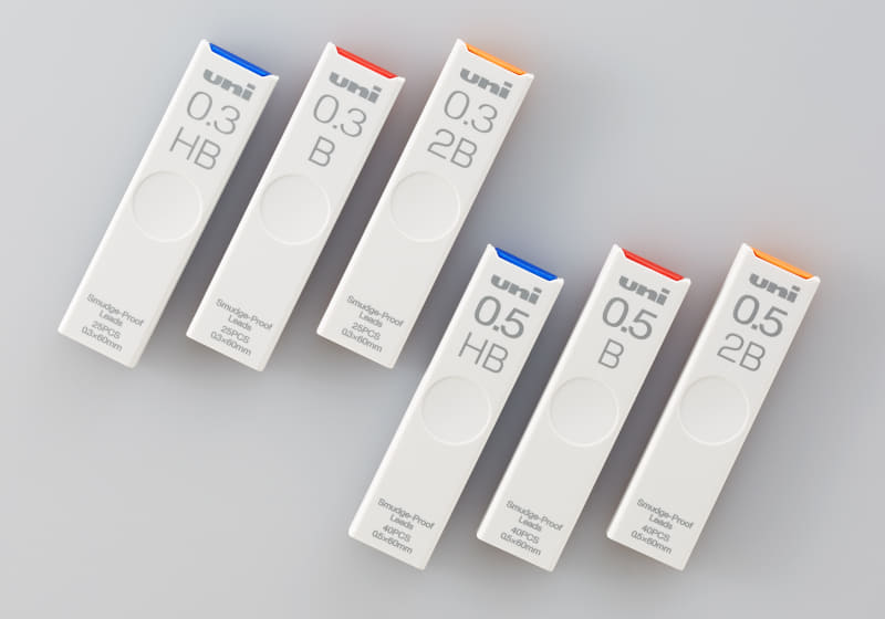 シャープ替芯「uni」。左から芯径0.3mm HB、B、2B/芯径0.5mm HB、B、2B
