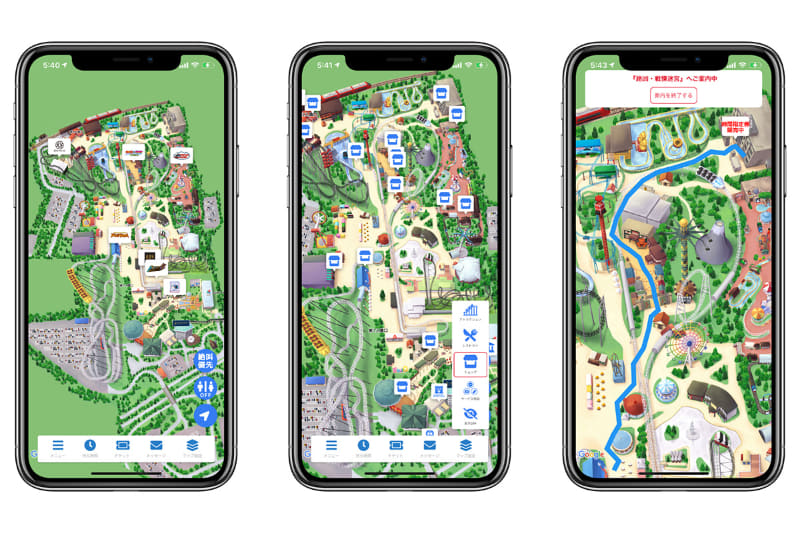 (左)デジタルマップ、(中)カテゴリ別表示、(右)ルート案内